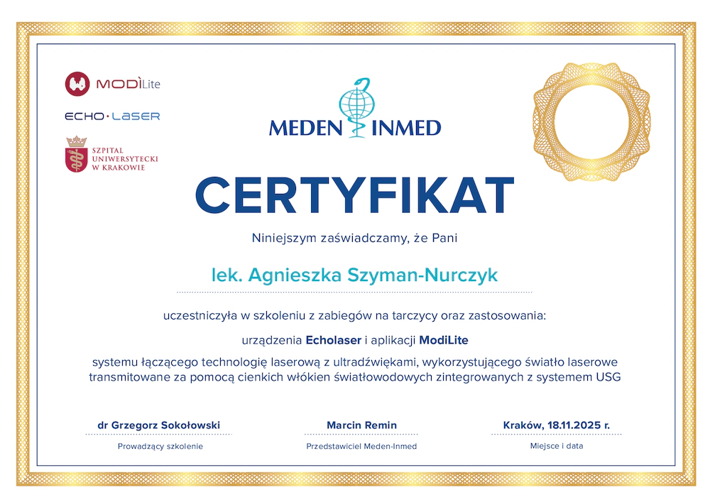 Certyfikat potwierdzający kwalifikacje lek. Agnieszki Szyman-Nurczyk z zakresu termoablacji i małoinwazyjnych zabiegów tarczycy. Certyfikowany gabinet EchoLaser Gdańsk.